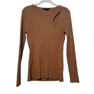 Round Neck Ribbed Knit Single Shoulder Cut Out Top Light Brown Neutral Size M